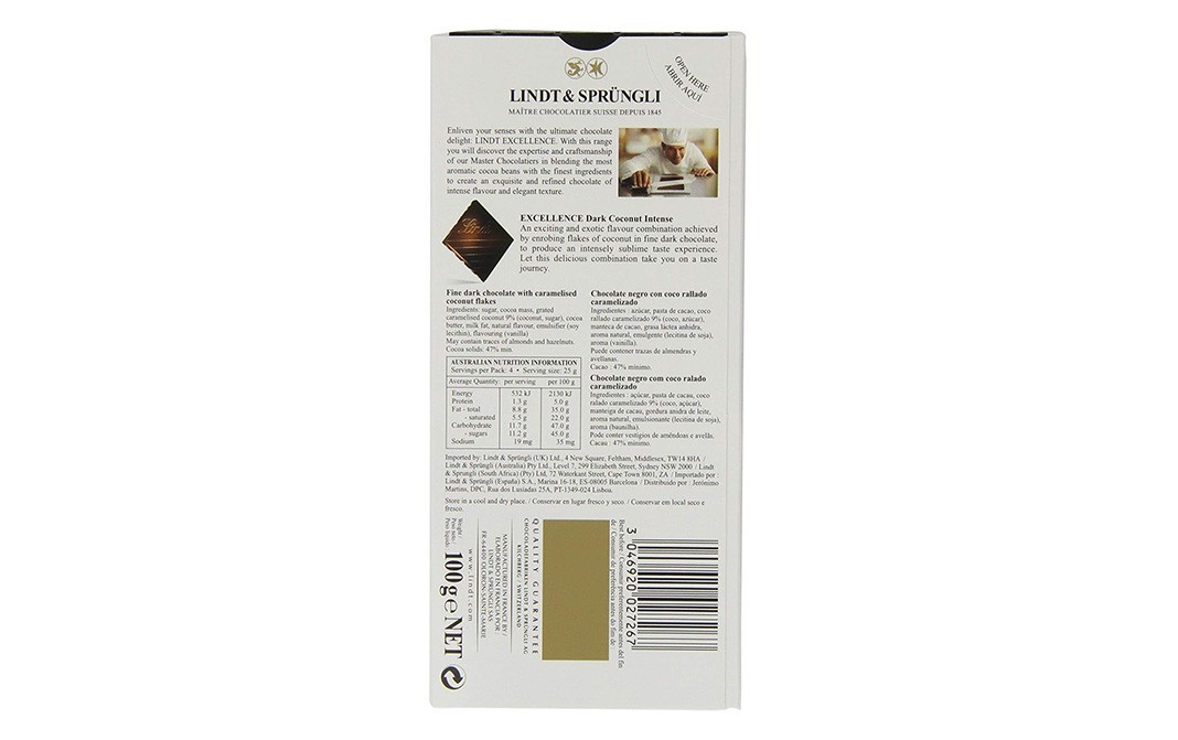 Lindt Excellence Coconut Intense Dark Chocolate   Box  100 grams